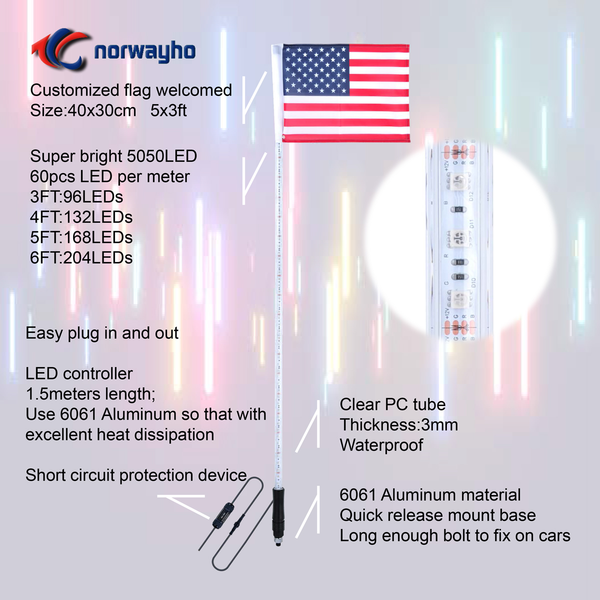 NWH-IC Внутренний светодиодный кнут, 365 цветов, комбинация флагов Dream Lighting кнут для бездорожья